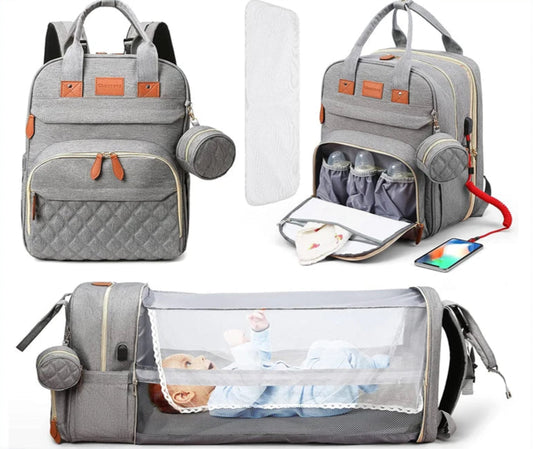 3 in 1 Diaper Bag Backpack Foldable Baby Bed Waterproof Travel Bag with USB Charge Diaper Bag Backpack with Changing Bed 3 Types